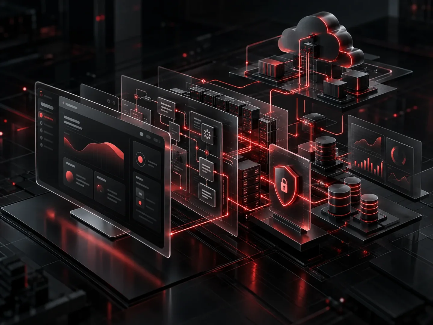 تصویری مفهومی از معماری یک محصول دیجیتال مدرن شامل رابط کاربری، Backend، API، پایگاه داده، امنیت و زیرساخت ابری