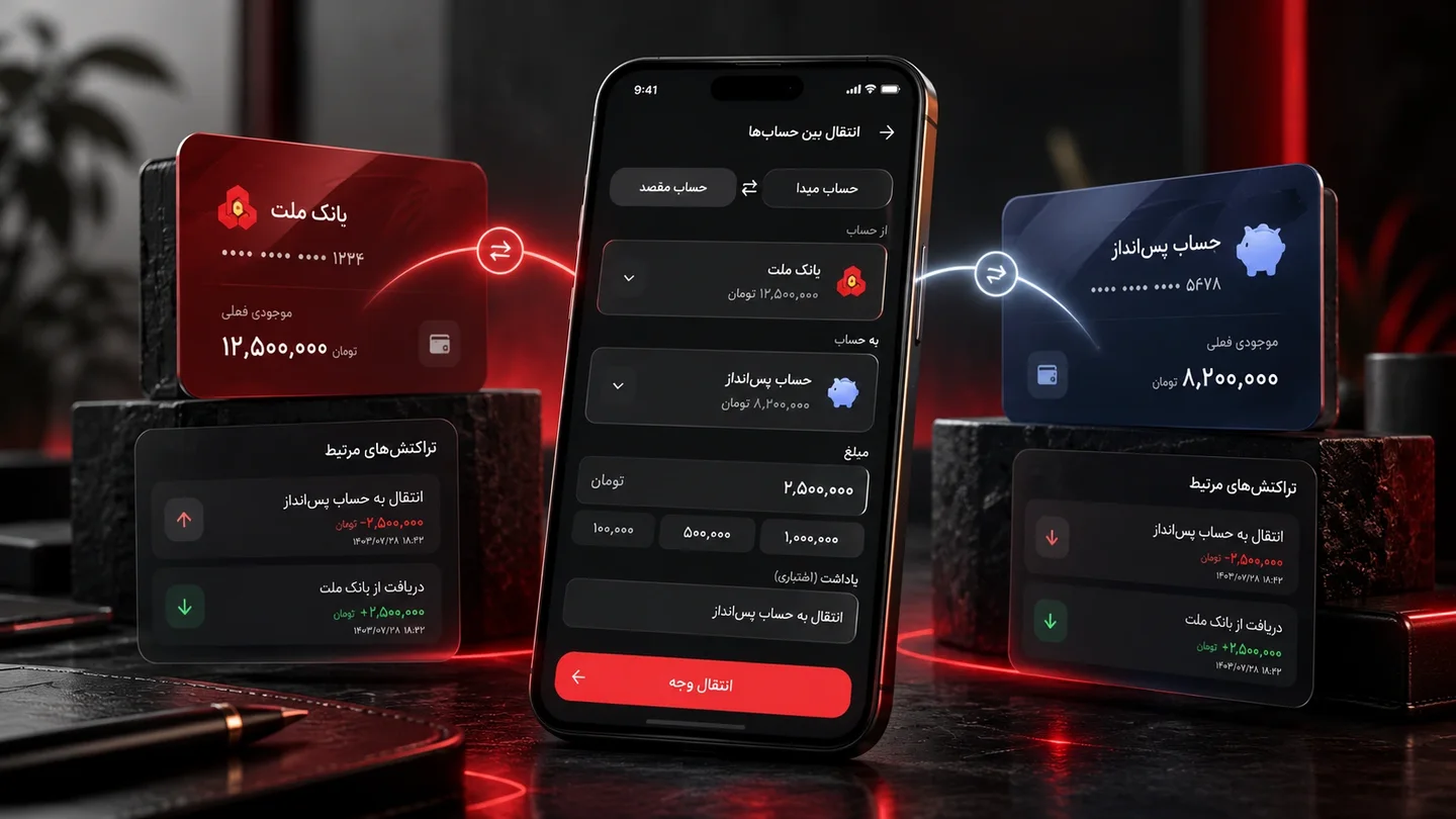 نمایش فرایند انتقال وجه بین دو حساب در اپلیکیشن حسابدار من همراه با حساب مبدا، حساب مقصد و تراکنش‌های مرتبط