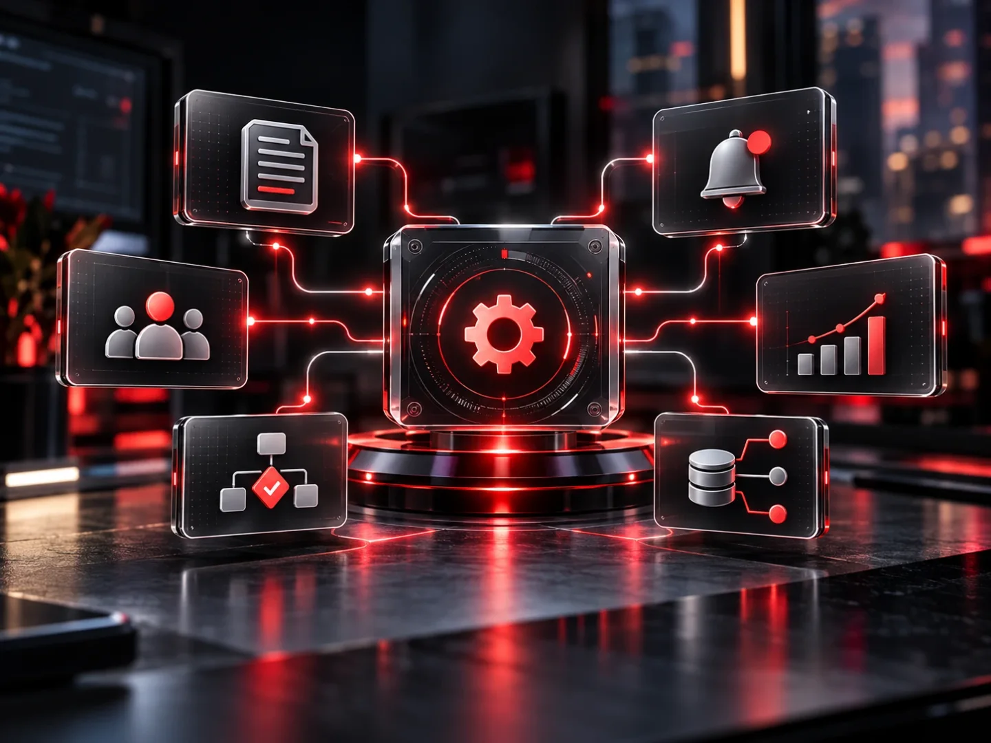 تصویر شاخص مقاله اتوماسیون کسب‌وکار با نمایش فرم‌ها، CRM، اعلان‌ها، گزارش‌ها، Workflow و اتصال API در تم قرمز و مشکی NaarCode