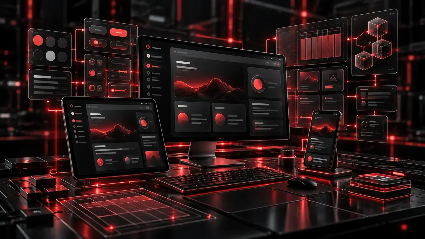 رابط کاربری و Frontend محصول دیجیتال نمایی مفهومی از رابط کاربری یک محصول دیجیتال مدرن روی دسکتاپ، تبلت و موبایل با اجزای رابط و سیستم طراحی