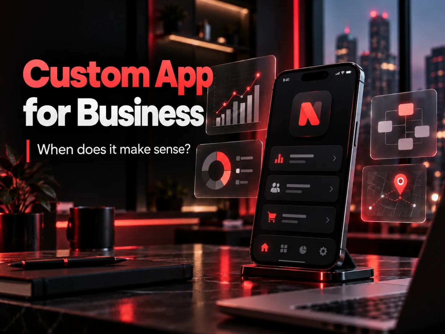 Featured image for an article about when a custom app makes sense for a business, in a red NaarCode-style visual theme