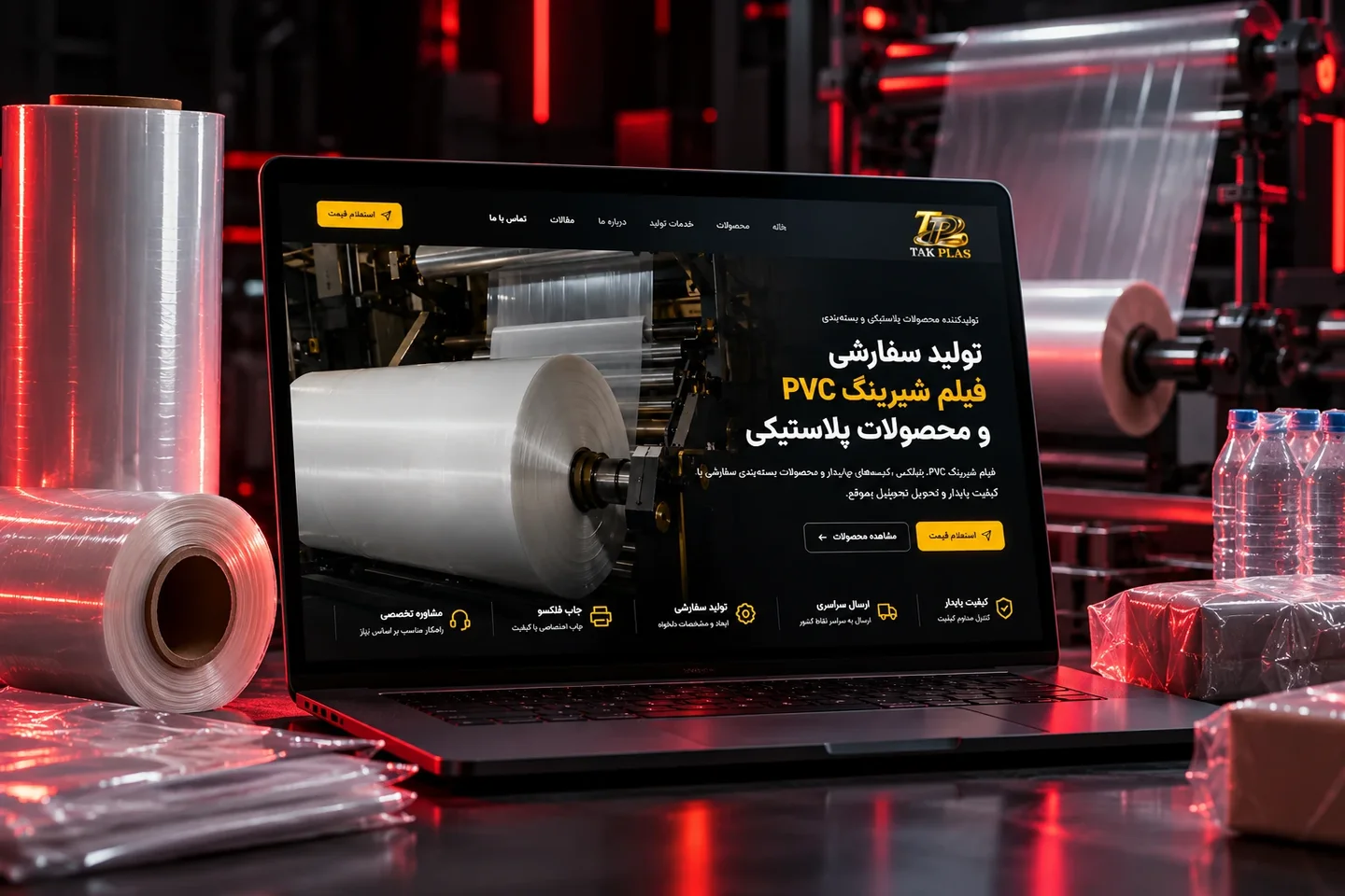 نمایی سینمایی از وب‌سایت Takplas در محیط صنعتی با رول‌های فیلم شیرینگ و محصولات بسته‌بندی پلاستیکی