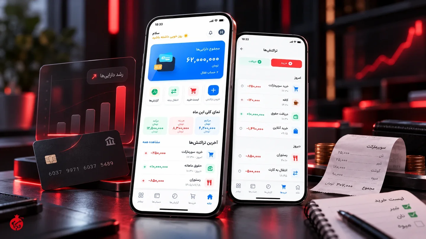Hesabdar Man Personal Finance App Hesabdar Man personal finance app interface showing financial dashboard, transactions, account management, and shopping planning