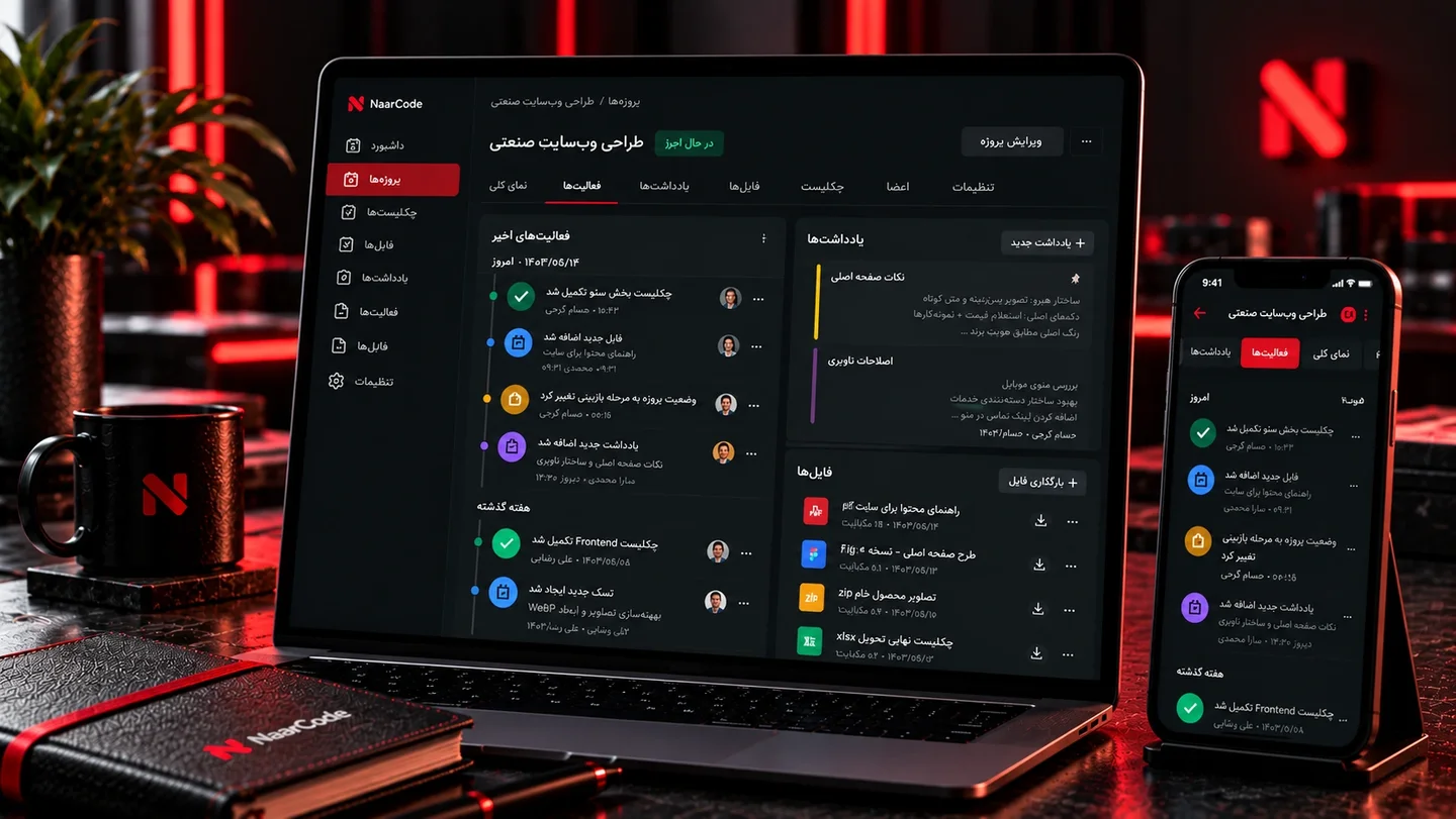 نمایش Activity، Notes و Files در NaarCode Project Manager شامل تاریخچه فعالیت‌ها، یادداشت‌های پروژه و فایل‌های مرتبط.webp