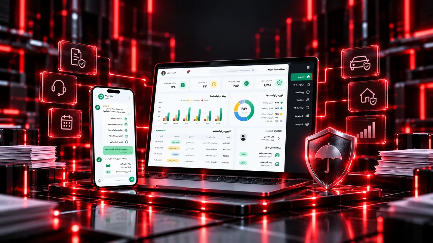 Insurance Operations System Case Study نمایی سینمایی از سیستم عملیات بیمه شامل پنل مدیریت، ربات پیامرسان و فرایندهای ثبت و پیگیری درخواست