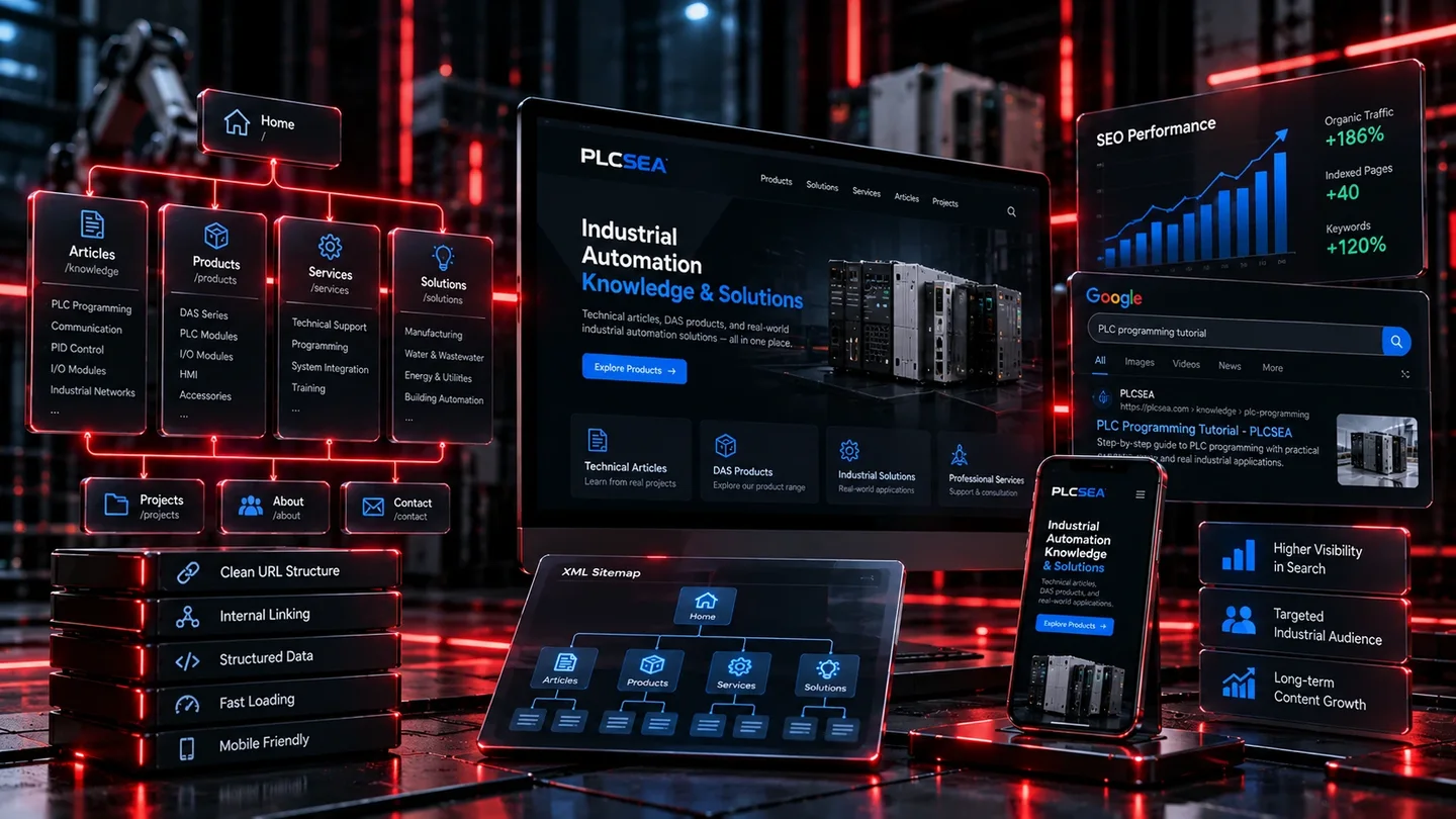 نمایش ساختار فنی و SEO سایت PLCSEA شامل صفحات محتوا، محصولات، خدمات، سایت‌مپ و بهینه‌سازی برای موتورهای جست‌وجو